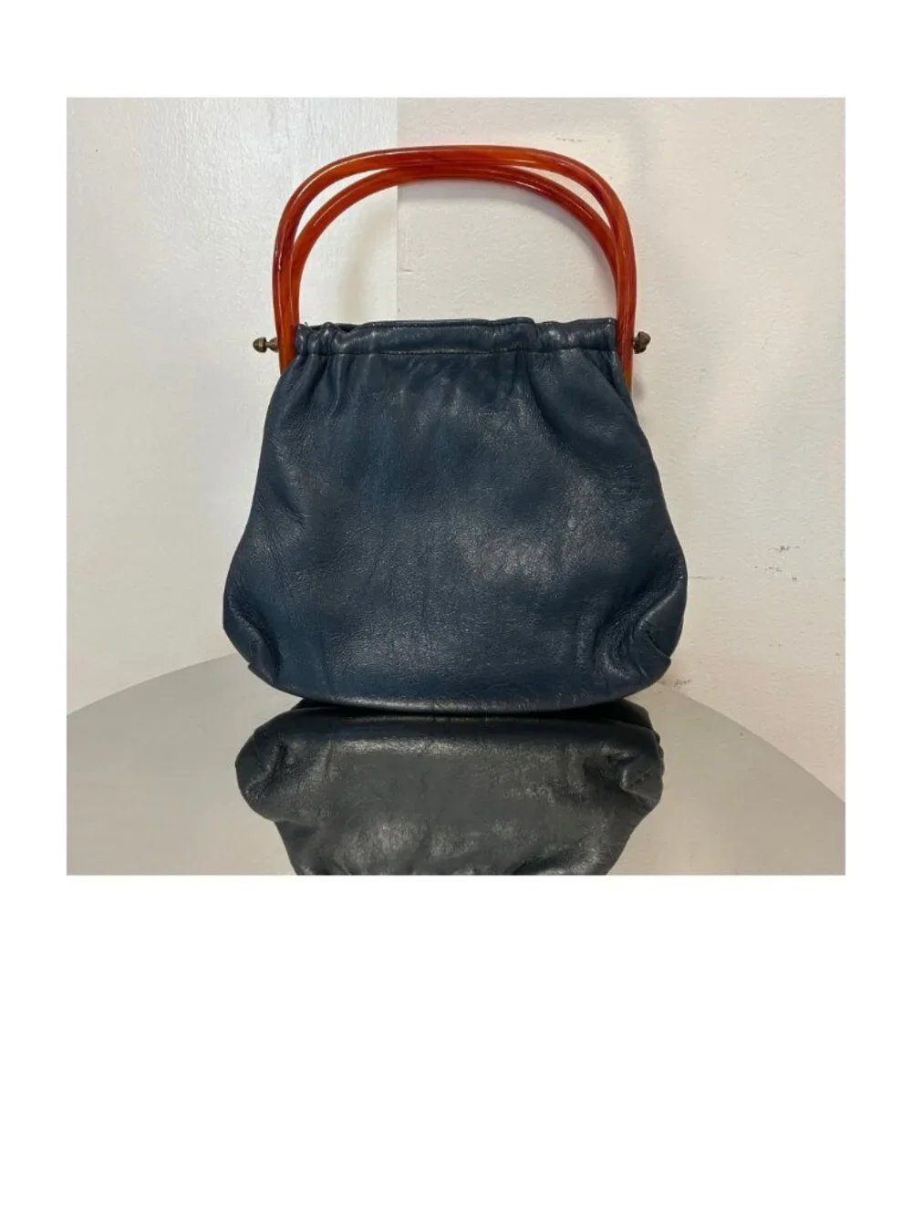 Vintage Navy Blue Leather Purse with Lucite Handles - Picture 1 of 4